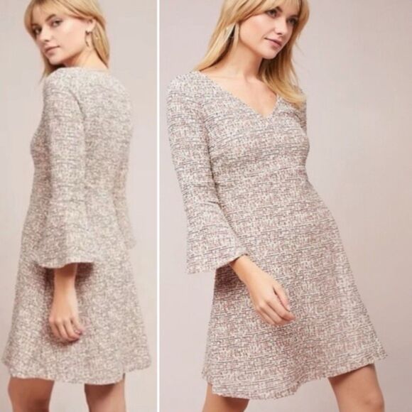 Maeve Dress Tweed Bell Sleeve Retro Sheath Cream & Red Mini Mod Dress Size Small - Picture 1 of 13